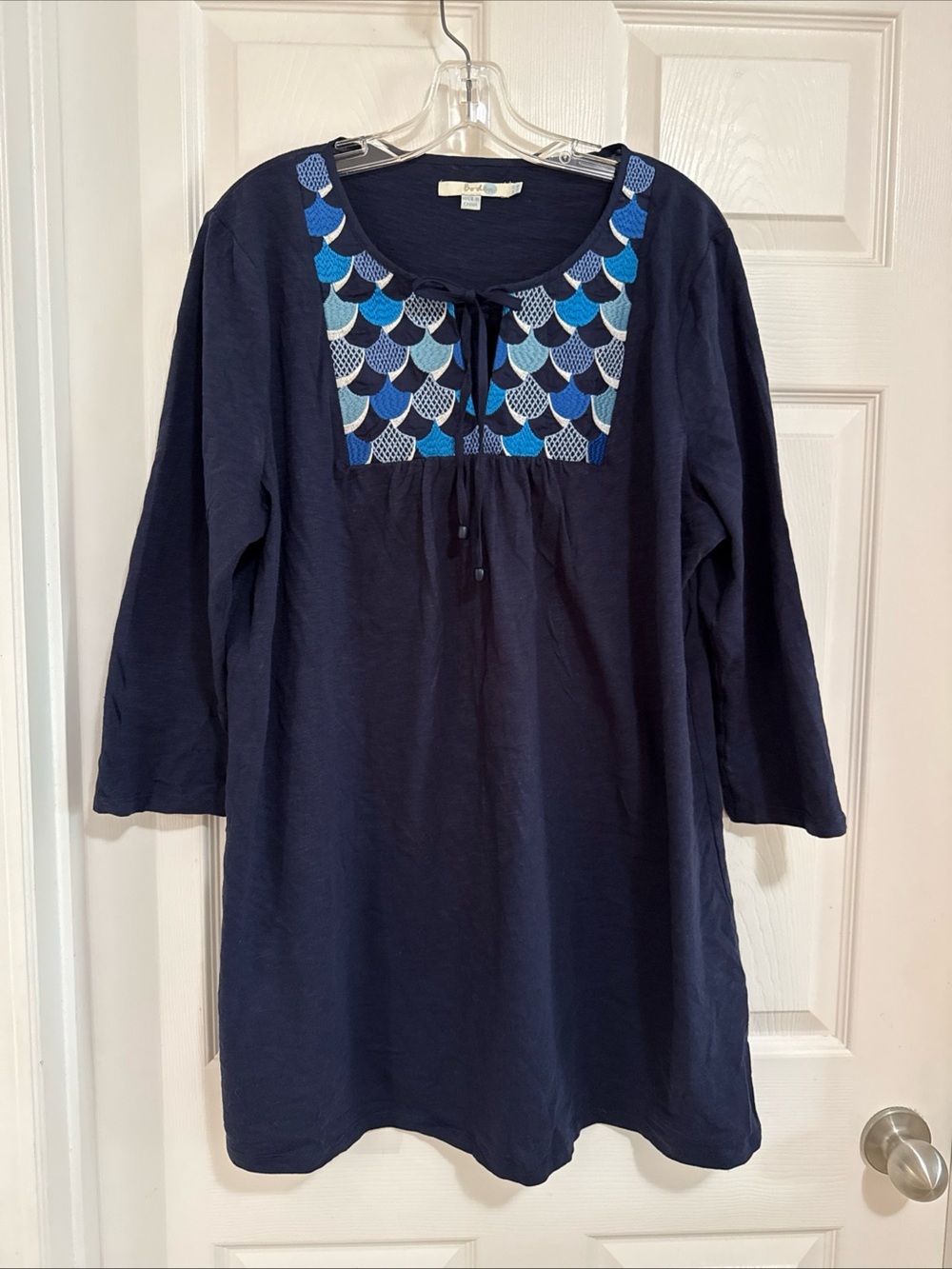 Boden Navy Tunic with Blue Scallop Yoke Embroidery